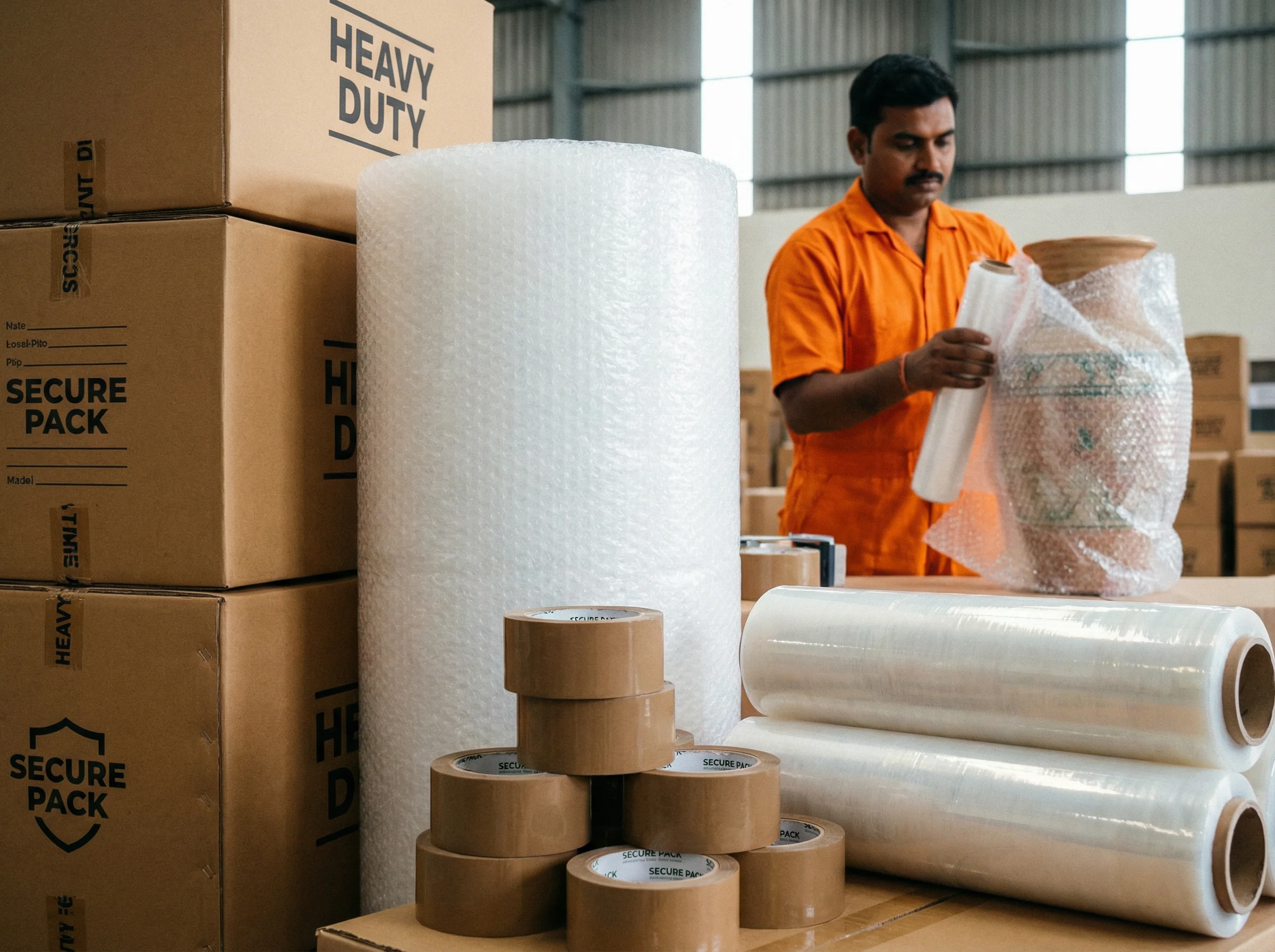 Professional packing with bubble wrap and corrugated boxes